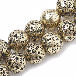 Fili di perle di roccia lavica naturale elettrodeposta, tondo, placcato oro chiaro, 8~9mm, Foro: 1 mm, circa 46pcs/filo, 14.76 pollice