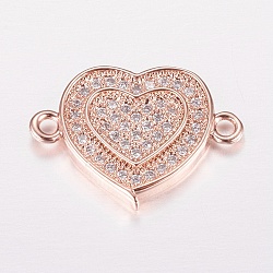 Brass Micro Pave Cubic Zirconia Links, Clear, Heart, Rose Gold, 12.5x17x2mm, Hole: 1mm