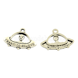 Tibetan Style Alloy Pendants, Alien/ET and UFO with Words I want to Believe, Cadmium Free & Lead Free, Antique Silver, 23x31x3mm, Hole: 3mm