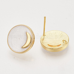 Fornituras de aretes de latón, con esmalte y lazo, plano y redondo con la luna, real 18k chapado en oro, sin níquel, blanco cremoso, 14x4mm, agujero: 1 mm, pin: 1 mm