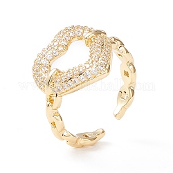 Clear Cubic Zirconia Heart Cuff Ring, Exquisite Hollow Brass Open Ring for Women, Cadmium Free & Lead Free, Real 18K Gold Plated, US Size 6 1/2(16.9mm)