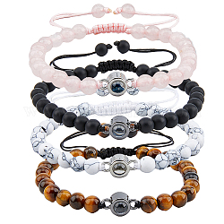 Fibloom 4pcs 4 styles je t'aime en 100 langues ensemble de bracelets de projection, bracelets de perles tressées en verre et en laiton mélangés naturels pour femmes, diamètre intérieur: 2-1/8~3 pouce (5.5~7.7 cm), 1pc / style