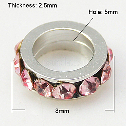 Perles séparateurs en laiton avec strass, Grade a, de couleur métal platine , rose clair, 8x2.5mm, Trou: 5mm