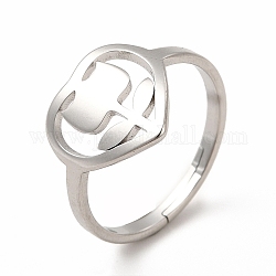 304 anneau réglable coeur en acier inoxydable avec fleur pour femme, couleur inoxydable, nous taille 6 (16.5 mm)