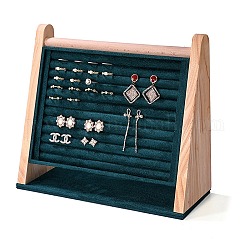 Multi-Slot-Ring-Organizer-Ständer aus Samt mit schräger Rückseite, mit Holzsockel, für Ringe, Ohrringe anzeigen, dunkelgrün, 31x11.5x27 cm