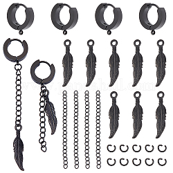 Unicraftale Feather Dangle Hoop Earring Making Kit, Including 304 Stainless Steel Pendants & Huggie Hoop Earrings Findings, Electrophoresis Black