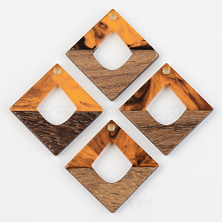Colgantes de resina y madera de nogal, rombo, naranja, 27.5x27.5x3mm, agujero: 2 mm, longitud de lado: 19.5 mm