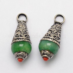 Pendenti a goccia in ottone, con resina imitazione pietre preziose e argento antico, verde, 26~28x11mm, Foro: 4 mm