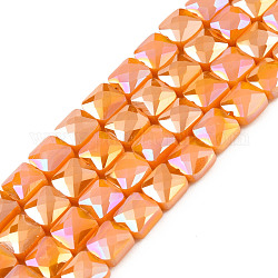 Electroplate Opaque Solid Color Glass Beads Strands, AB Color Plated, Faceted, Square, Dark Orange, 6x6x4.5mm, Hole: 1.2mm, about 95~98Pcs/strand, 24.41 inch(62cm)
