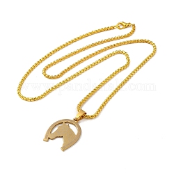 Horseshoe with Horse Head 201 Stainless Steel Pendant Necklace with Iron Box Chains, Golden, 23.98 inch(60.9cm)