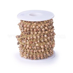 Chaînes de perles de jaspe image naturelle à la main, soudé, avec les accessoires en laiton, véritable 18k plaqué or, Plaqué longue durée, avec bobine, 10~10.5x4.5~5mm, environ 16.4 pied (5 m)/rouleau