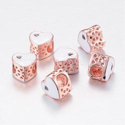 Perles européennes d'émail en alliage, Perles avec un grand trou   , coeur creux, or rose, blanc, 10x10~10.5x8mm, Trou: 5mm