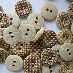 Carved 2-hole Basic Sewing Button with Checked Patterns, Coconut Button, Multicolor, 13mm in diameter
