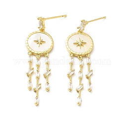 Cubic Zirconia Flat Round with Tassel Dangle Stud Earrings, Brass Star Earrings with Shell for Women, Lead Free & Cadmium Free & Nickel Free, Real 18K Gold Plated, 44.5x12x2.5mm, Pin: 0.7mm