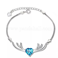 925 Sterling Silber Link Armbänder, mit Zirkonia, Geweih mit Herz, Deep-Sky-blau, Platin Farbe