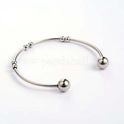 304 Stainless Steel Cuff Torque Bangles, with Round Beads, Stainless Steel Color, 54.5x51mm, 2mm