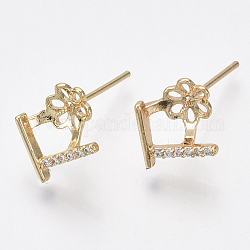 Brass Micro Pave Cubic Zirconia Earring Findings, for Half Drilled Beads, Flower, Nickel Free, Real 18K Gold Plated, Clear, 10x8mm, Pin: 0.8mm, Pin: 0.6mm(for half drilled beads)