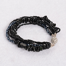 Черный агат многожильных браслеты, со стеклянными шариками и магнитных застежками, 210~220 мм