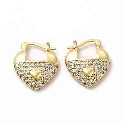 Aretes de aro con corazón de circonitas cúbicas transparentes, joyas de latón para mujer, dorado, 20x17.5x5mm, pin: 1x0.7 mm