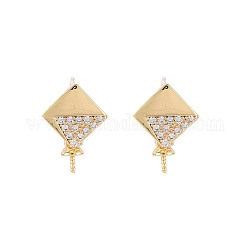 Brass Micro Pave Clear Cubic Zirconia Stud Earring Findings, for Half Drilled Beads, Nickel Free, Rhombus, Real 18K Gold Plated, 14x9.5mm, Pin: 0.6mm, pin: 0.6mm(for half drilled beads)