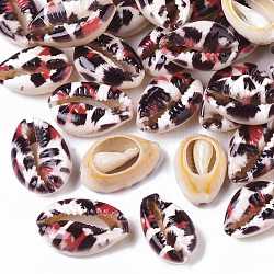 Perles de coquillage cauri naturelles imprimées, pas de trous / non percés, avec motif imprimé léopard, rouge, 18~21x12~15x7mm