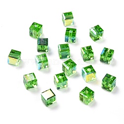 Galvanoplastie perles de verre transparentes, cube à facettes, arc-en-ciel plaqué, lime green, 6x6x6mm, Trou: 1.8mm