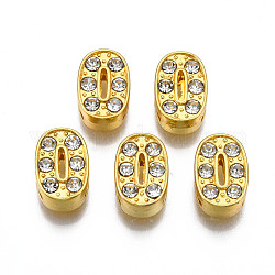 Encantos de diapositivas de aleación chapada en oro, con rhinestone de cristal, número, num. 0, 11~12x5~8x4~4.7mm, agujero: 1.5~1.7x8 mm