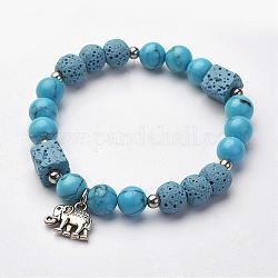 Natural Lava Rock Stretch Bracelets, with Natural Howlite and Alloy Elephant Charms, Round & Cube, 2-1/8 inch(55mm)