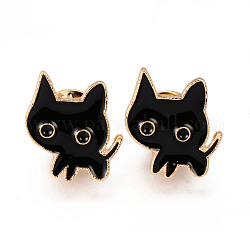 Alloy Enamel Brooches, Enamel Pin, with Brass Butterfly Clutches, Cat Shape, Light Gold, Cadmium Free & Nickel Free & Lead Free, Black, 18x17x2mm, Pin: 1mm