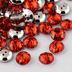 Botones redondos planos del diamante artificial de acrílico de Taiwán de 2-agujero, facetado y plateado plateado hacia atrás, carmesí, 21x7mm, agujero: 1 mm