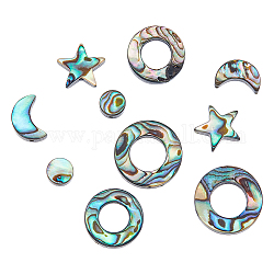 Dicosmético 12 Uds 6 estilos concha de abulón natural/cuentas de concha de paua, estrella y luna y plano redondo y anillo, formas mixtas, 6~15.3x6~12.5x3~3.5mm, agujero: 0.8~1 mm, 2 piezas / style