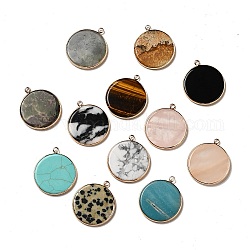 Pendentifs en pierres précieuses mixtes naturels et synthétiques, breloques rondes plates, avec cadre en laiton doré, mélangé teint et non teint, 35x31x3~3.5mm, Trou: 2.5mm