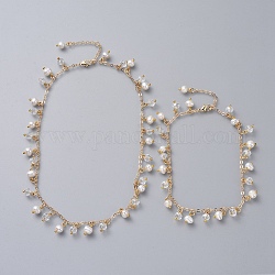 Ensembles de bijoux collier de perles et bracelets de cheville, avec perle naturelle, Perles en verre, chaînes de câble en laiton et pinces à homard, véritable 18k plaqué or, 11-1/2 pouce (29.1 cm), 16.33 pouce (41.5 cm)