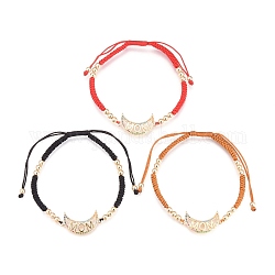 Mother's Day Gifts, Adjustable Nylon Cord Braided Bead Bracelets Sets, with Brass Micro Pave Cubic Zirconia Links and Brass Round Beads, Moon with Word MOM, Golden, Mixed Color, Inner Diameter: 2-1/4~3-3/4 inch(5.7~9.5cm), 3pcs/set