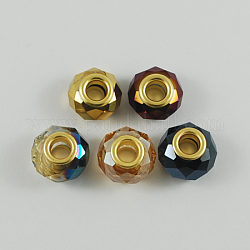 Glass European Beads, Electroplate Style, with Golden Plated Brass Double Cores, Faceted, Rondelle, Mixed Color, 14x9mm, Hole: 5mm