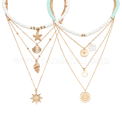 Anattasoul 6 pièces 6 style soleil & fleur & coquille forme pendentif alliage multicouches ensembles de colliers, colliers de perles heishi en argile polymère pour femmes, or, 15.5~18.5 pouce (39.5~47 cm), 1pc / style