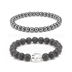 2Pcs 2 Style Natural Lava Rock & Synthetic Hematite Round Beaded Stretch Bracelets Set with Alloy Peace Sign, Essential Oil Gemstone Jewelry for Women, Inner Diameter: 2-1/8~2-1/4 inch(5.4~5.6cm), 1Pc/style