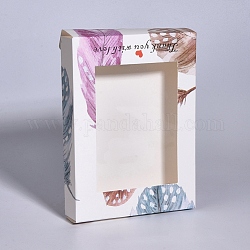 Boîte de papier kraft créative pliable, boîte cadeau en papier, avec fenêtre transparente, rectangle avec motif de plumes, blanc, 14.6x10.5x2.6 cm