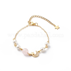 Clear Cubic Zirconia Moon and Star Link Bracelet with Brass Chains, Natural Rose Quartz & Shell Pearl Beaded Bracelet for Women, Golden, 6-3/4 inch(17.3cm)
