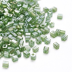 6/0 perles de rocaille en verre, lustre de couleurs transparentes, trou carré, cube, verte, 3~5x3~4x3~4mm, Trou: 1.2~1.4mm, environ 1000 pcs/100 g