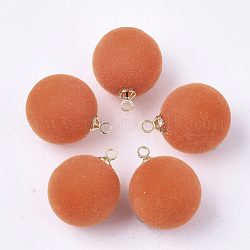 Pendentifs en acrylique flocky, avec les accessoires en laiton, ronde, or, orange foncé, 18x14mm, Trou: 1.6mm