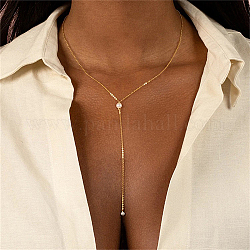 Collar de lazo con cadenas tipo cable de acero inoxidable, con perlas de plástico, dorado, 16.54 pulgada (42 cm)