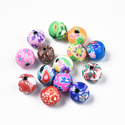 Perles en pâte polymère manuel, ronde avec des fleurs, couleur mixte, 10~11x10mm, Trou: 1.6mm