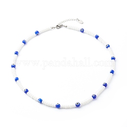 Glass Beaded Necklace, with Evil Eye Lampwork Beads, Brass Beads, Blue, 18.31 inch(465mm)