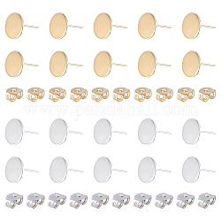 DICOSMETIC 20Pcs 2 Color 201 Stainless Steel Stud Earring Findings, with 316 Surgical Stainless Steel Pins and Vertical Loop, with 20Pcs 304 Stainless Steel Ear Nuts, Flat Round, Golden & Stainless Steel Color, 12mm, Hole: 2.5mm, Pin: 0.7mm, 10Pcs/color