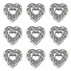 Alloy Heart Slide Charms with Grade A Rhinestones, Platinum, 12x12x5mm, Hole: 7x2mm