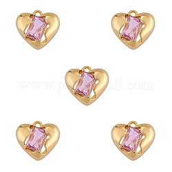 5 pieza de dije de corazón de latón con colgante de circonio cúbico rosa para el día de San Valentín, colgante de amor para joyería, aretes, artesanías, dorado, 11.5x10.5mm, agujero: 1.2 mm