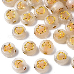 Perles acryliques lumineuses, métal enlacée, trou horizontal, brillent dans le noir, plat et circulaire avec motif mixte, plaqué or, 7x3.5mm, Trou: 1.2mm, environ 3600 pcs/500 g