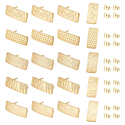 Unicraftale 20Pcs 5 Style Ion Plating(IP) 304 Stainless Steel Stud Earring Finding, with Vertical Loops & 20Pcs Ear Nuts, Textured Rectangle, Golden, 20x8mm, Hole: 2.5mm, Pin: 0.8mm, 4Pcs/style