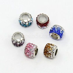 Brass Pave Polymer Clay Grade A Rhinestone Column European Beads, Mixed Color, 8.5x7.5mm, Hole: 5mm